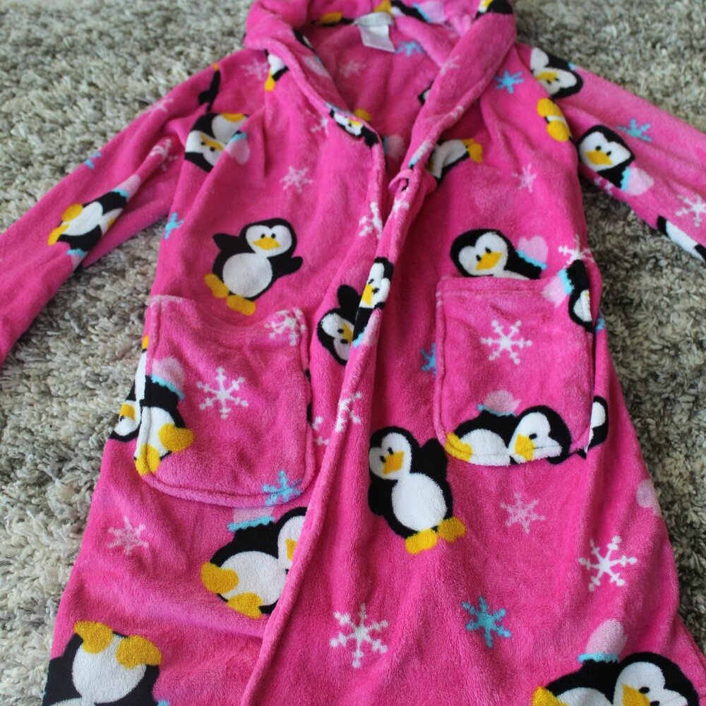 KOMAR KIDS Girls Pink Penguins Hooded Bath Robe Dressing Gown Warm Size LG 10/12